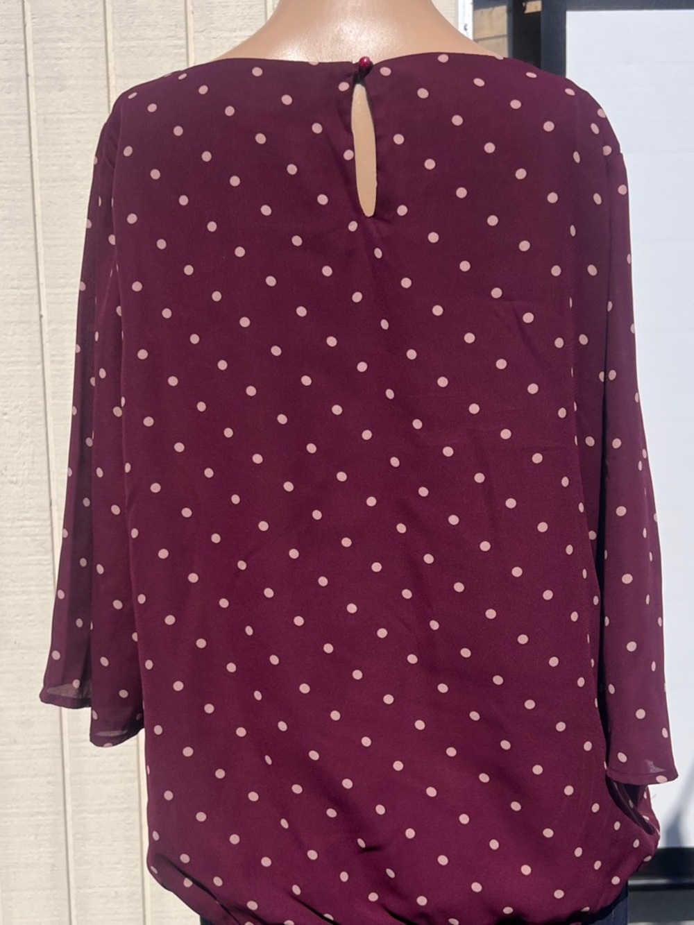 New York & Company Polka Dot Blouse Size L | Burgundy Sheer Top - Picture 2 of 7
